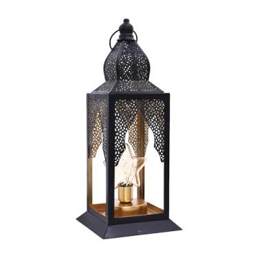 Imagem de Lanterna decorativa marroquina, design de filigrana de metal preto, suporte de luz de estrela com interior dourado, 38 cm de altura, 15 cm de largura, decoração do festival Ramadan Eid Mubarak