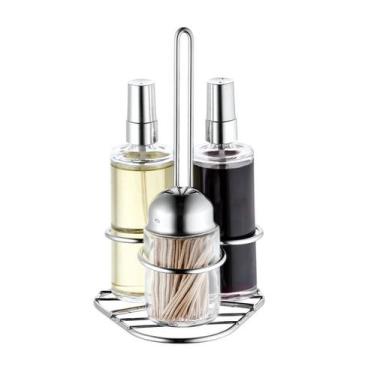 Imagem de Galheteiro De Vidro Spray Base Inox Kit 4 Peças Paliteiro Vinagreiro A