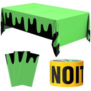 Imagem de Remagr 3 toalhas de mesa de plástico descartáveis com tema de festa fantasma, 137 x 272 cm, capa de mesa retangular à prova d'água e 1 pacote de fita de segurança de 7,6 cm x 165 pés para decoração de