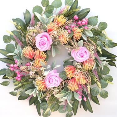 Imagem de Guirlanda de mola de 61 cm para porta da frente com rosas puramente feitas à mão, folhas de rosa, frutas grandes, protea flocagem, festivais de parede internos e externos, decoração de férias em casa