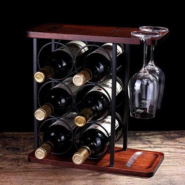 Imagem de Suporte vintage para copos de vinho, suporte para copos de vinho, comporta 6 garrafas e 2 copos, prateleira de armazenamento de garrafas de vidro para bar de cozinha de ferro rústico, 35 x 16 cm x 33