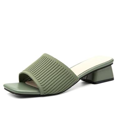 Imagem de NEWBELLA Sandálias femininas de malha com bico quadrado - salto grosso, sapatos de verão, chinelos casuais confortáveis para férias e praia, Verde, 41