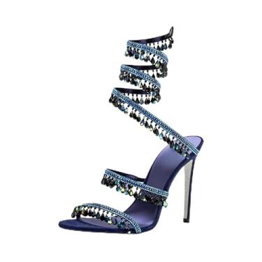 Imagem de Fuazuzu Sandálias de salto alto com tiras de strass para mulheres, bico redondo aberto com cadarço para vestido de festa de formatura de casamento, Azul escuro, 36
