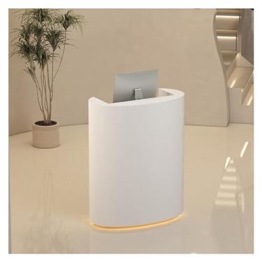 Imagem de Mesa de balcão de recepção, caixa moderna com gavetas, mesa de recepção de computador pequena com luzes LED, balcão de recepção de salão para loja de hotel (branco + ouro)