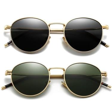 Imagem de SUNGAIT Óculos de sol redondos de metal Ponderable para homens e mulheres, clássicos, vintage, polarizados, Pacote com 2 (Polarizado): Ouro/Cinza + Ouro/Verde