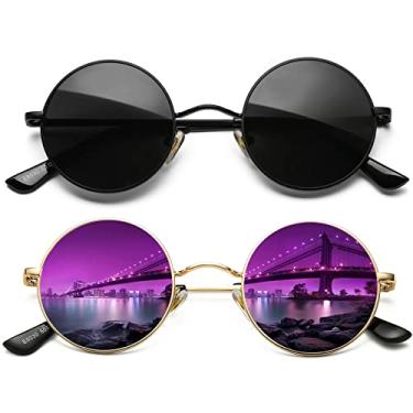 Imagem de AIEYEZO Óculos de sol redondos retrô para homens e mulheres óculos de sol polarizados modernos vintage pequenos óculos de sol redondos, Pacote com 2 (preto/cinza + dourado/roxo espelhado), MM