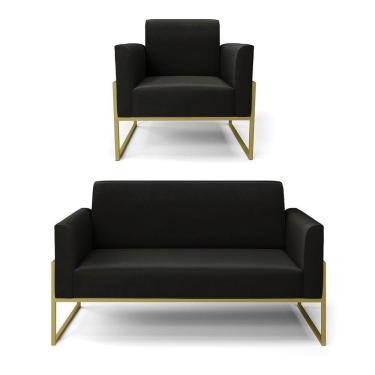 Imagem de Sofá Namoradeira Com Poltrona Base Industrial Alta Dourado Marisa Suede Preto D03 - D\'rossi