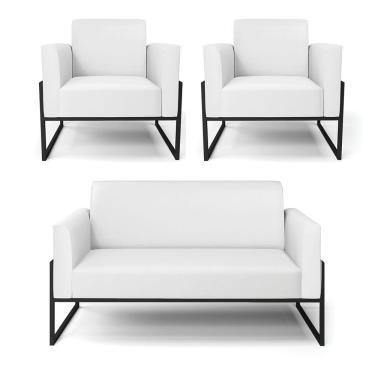 Imagem de Sofá Namoradeira Com 2 Poltronas Base Industrial Alta Preto Marisa Corino D03 - D\'rossi Cor Branco