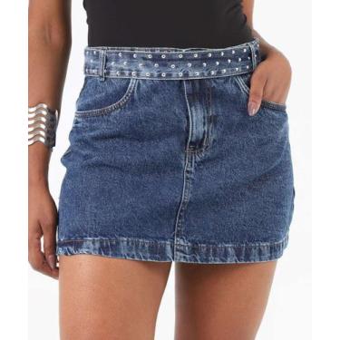 Imagem de Saia Jeans Feminina Bolsos Cinto Tachas Azul-68111 - VIZZY JEANS, 38, 