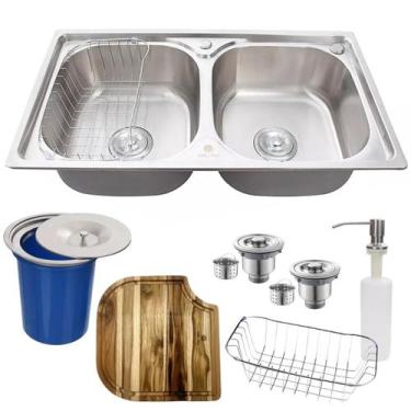 Imagem de Cuba Dupla Gourmet Inox 304 + Kit Tábua De Corte E Lixeira - Stillus H