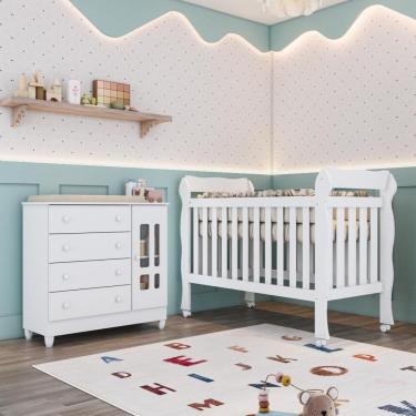 Imagem de Quarto Bebê Berço Americano 3 em 1 Lila Cômoda Infantil Fraldário Ariel 100% MDF Branco Carolina Baby