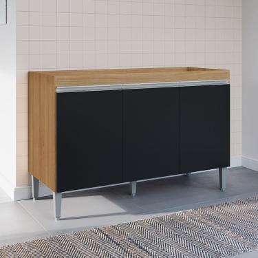 Imagem de Balcão Gabinete Cozinha Manu 120cm 3 Portas Sem Tampo MDP Multiuso Amêndoa Preto - Desk Design