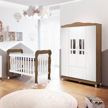 Imagem de Quarto Bebê Berço Americano 3 em 1 Lila Guarda Roupa Infantil Ariel 4 Portas 100% MDF Branco Bétula Carolina Baby