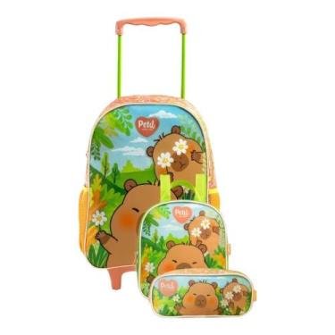 Imagem de Kit Infantil Mochila Escolar Rodinhas + Lancheira + Estojo Brownie Cap