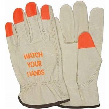 Imagem de Luvas de trabalho de couro da Toledano Industries Hi Vis (cuidado com suas mãos – pontas laranjas), Laranja, Small