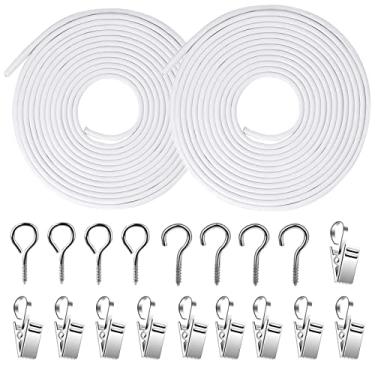 Imagem de FAPUMOE Cabos de cortina brancos de 3 metros (pacote com 2) com clipes de cortina de aço inoxidável, kit de cabos de tratamento de janela de arame revestido de plástico para pendurar cortina com olhos de parafuso e ganchos