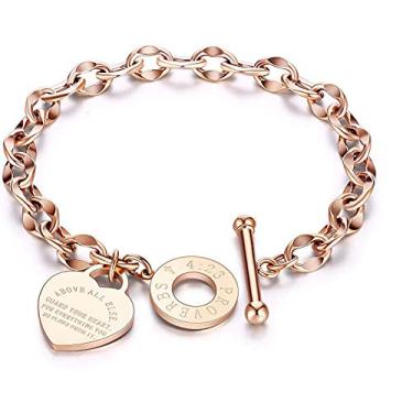 Imagem de MAXBROTHERS, moda feminina, corrente O palavra corrente pêssego coração amor titânio pulseira de aço (Rosa ouro)