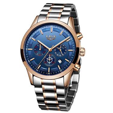 Imagem de Relógios masculinos de aço inoxidável esportivo analógico de quartzo relógio masculino de luxo marca LIGE à prova d'água data negócios relógio de pulso homem relógio preto, gold blue, 8.07