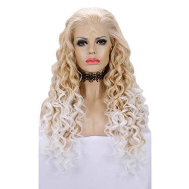 Imagem de Peruca loira encaracolada com tela frontal, peruca de cabelo sintético, perucas brancas de fibra resistente ao calor