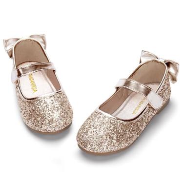 Imagem de PANDANINJIA Vestido Angela para bebês e crianças pequenas, Mary Jane, balé, sapatilhas, laço, florista, festa de casamento, bailarina, sapatilha, Champagne Sequin, 13 Little Kid