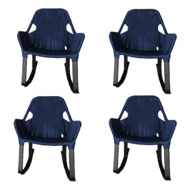 Imagem de Kit 4 Cadeiras De Balanço Athenas Corda Náutica Base Em Alumínio Preto-azul Marinho - Cor: Azul