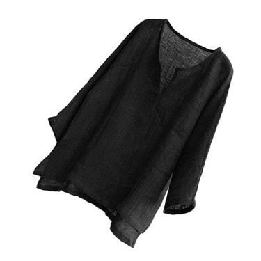 Imagem de Camisa masculina de algodão e linho cor sólida gola V casual manga longa drapeada camiseta de praia, Preto, XXG