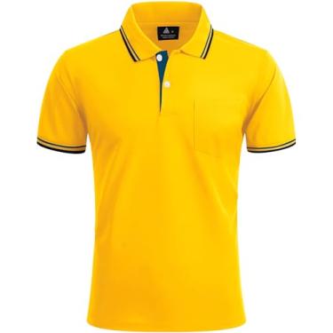Imagem de Camisa polo masculina de golfe de manga curta com bolsos com absorção de umidade, camisetas polo de verão, Amarelo, G