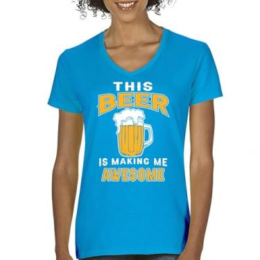 Imagem de Camiseta feminina com gola V This Beer is Making Me Awesome Caneca de cerveja engraçada Beber Humor Artesanato Cervejaria IPA Fan Octoberfest, Turquesa, M