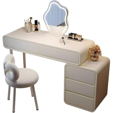 Imagem de Conjunto de penteadeira moderno, mesa de maquiagem para quarto com espelho LED e cadeira acolchoada, penteadeira retrátil com gavetas e armário de armazenamento para meninas e mulheres, bege