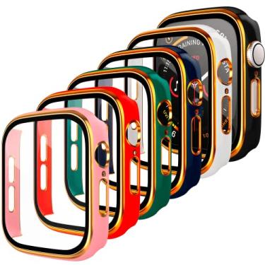 Imagem de [Pacote com 6] Capa rígida de PC para Apple Watch 41 mm com protetor de tela de vidro temperado, capa protetora geral para homens e mulheres GPS iWatch série 8 série 7 acessórios, dourado sortido