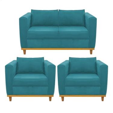 Imagem de Kit Sofá 2 Lugares e 2 Poltronas Europa Suede Azul Turquesa AM Decor