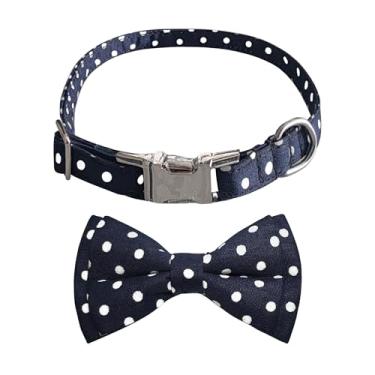 Imagem de Coleira para cães com gravata borboleta, coleira de cachorro com gravata borboleta para cães pequenos e médios - destacável e ajustável H-D-T3A (azul marinho com bolinhas brancas, grande 23,6