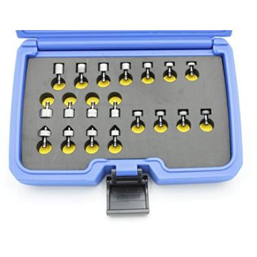 Imagem de Conjunto profissional de matriz de covinhas e conjunto de rebitagem com estojo. Para rebites universais, braseiros e escareados. Feito de aço tratado termicamente. Para uso em espremedor de rebite manual ou espremedor de rebite pneumático.