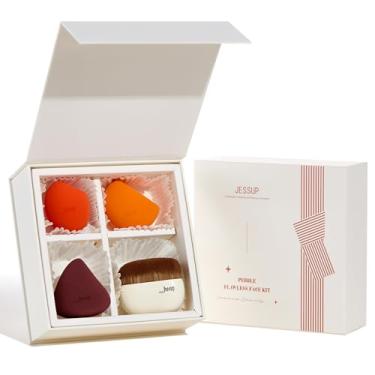 Imagem de Jessup Pincel de base com conjunto de esponja de maquiagem, 1 pincel de base pincel Kabuki de topo plano e 3 esponjas de maquiagem para corretivo, blush em pó, polimento pontilhado com caixa de