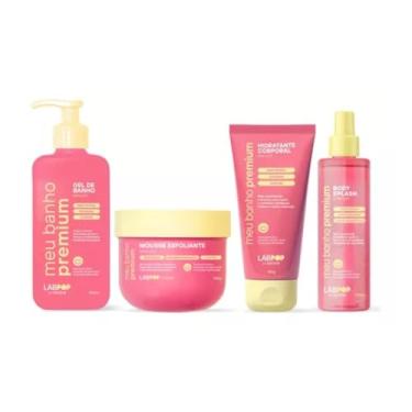 Imagem de Kit Cuidados Completo Belle Pink - Meu Banho Premium - Esfoliante, Hidratante, Body Splash e Gel de Banho - Limpeza, Hidratação e Perfume com Nano Retinol e Colágeno