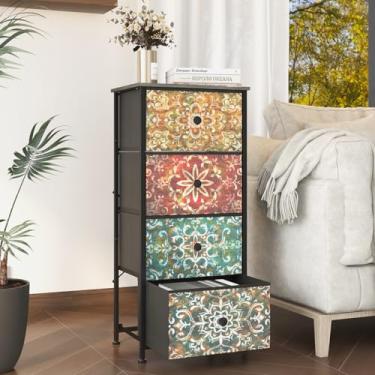 Imagem de GiftGo Cômoda retrô com gavetas de tecido, cômoda boêmia, mandala, flor, torre de armazenamento estreita para espaços pequenos, quarto, linda mesa de cabeceira para sala de estar (Mandala, 4 gavetas)