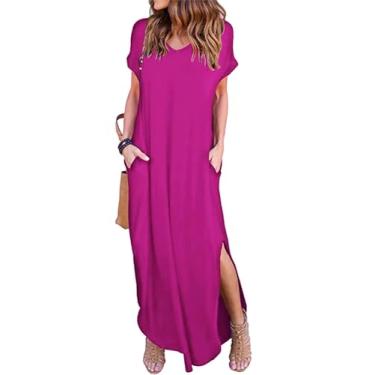 Imagem de HUSKARY Vestido longo feminino de verão casual com bolsos soltos, manga curta, dividido, maxi vestidos, Vermelho ameixa, PP