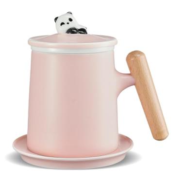 Imagem de ZENS Xícara de chá com infusor e tampa, caneca de chá Porelain de 345 g para folhas soltas, xícara de chá com cabo de madeira com coadores de chá finos e porta-copos para difusores de chá quente,