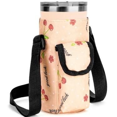 Imagem de Linkidea Bolsa de suporte de copo compatível com copo YETI Rambler de 590 ml, besta de aço verde, copo RTIC, caneca de café com isolamento de pano Oxford, bolsa de garrafa com bolso, cereja