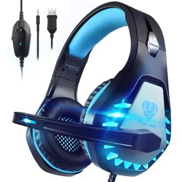 Imagem de Pacrate Fone de ouvido para jogos com microfone para laptop, PS4, PS5, Mac, Xbox One, fone de ouvido para jogos Nintendo com microfone, cancelamento de ruído, fone de ouvido PC com luzes LED para adultos, crianças, azul