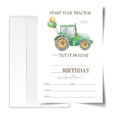 Imagem de Cartões de convite de aniversário de trator verde com envelopes pacote de 20 (10 x 15 cm), convites de festa para meninos, meninas, crianças, adolescentes, decoração e suprimentos de lembrancinhas de