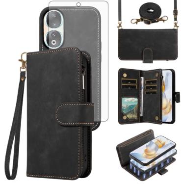 Imagem de Asuwish Capa de telefone para Huawei Honor 90 carteira magnética destacável com protetor de tela transversal cordão ombro pulso resistente à prova de choque Havaí Honor90 homens meninas mulheres preto