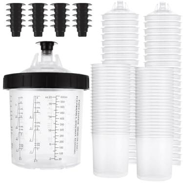 Imagem de YOUNTHYE 50 peças de copos de tinta para pistolas de pulverização descartáveis, forros de copo e sistema de tampa, 600 ml, kits de copos de mistura para pistola de pintura automotiva