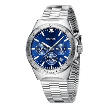 Imagem de BOFAN Relógios masculinos modernos de negócios, à prova d'água, esportivos, militares, analógicos, relógios de pulso com cronógrafo multifuncional., prata-azul-prata, relógio