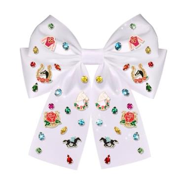 Imagem de YAHPERN Kentucky Derby Arcos de cabelo traje de equitação ferradura grampos de laço de cabelo para mulheres rosa grande laço de cetim branco laço Kentucky Derby roupas acessórios presentes (padrão D)