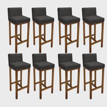 Imagem de Kit 08 Banqueta Alta Com Encosto Loren Cozinha Balcão Bistrô Base Madeira Rústico Corino Cinza - Ahz Móveis