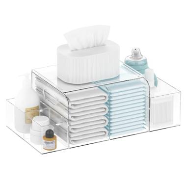 Imagem de Jumyee Organizador de fraldas de acrílico, organizador de fraldas removível transparente para trocador de bebê, suporte empilhador para fraldas, lenços umedecidos e acessórios de bebê com capacidade