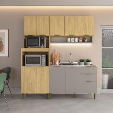 Imagem de Cozinha Modulada 1 Torre-quente 1 Balcão para Pia 1 Aéreo 10 Portas 2 Gavetas Ibiza Louro Freijó/Cinza