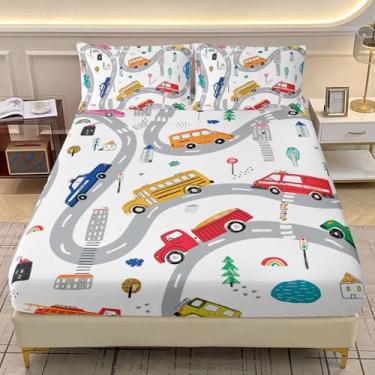 Imagem de AILONEN Jogo de lençol solteiro com desenho animado de carro, decoração de quarto de meninos, caminhão, temática de trânsito, 1 lençol com elástico + 2 fronhas, 3 peças, macio