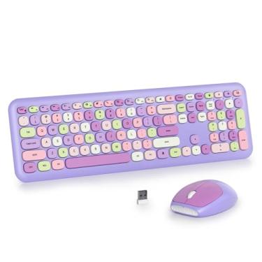 Imagem de surmen Teclado e mouse fofos, sem fio, retrô, tipo máquina de escrever, sem fio, silencioso, colorido, baixo ruído, 2,4 GHz para casa e escritório (6-roxo)